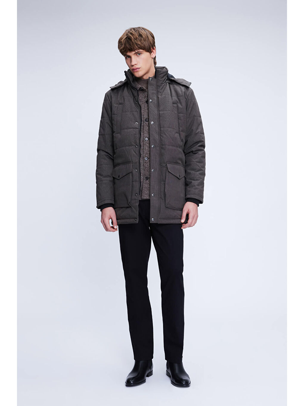 Kahverengi Dinamik Fit Hakim Yaka Desenli Kapitone Uzun Kapüşonlu Mont-1