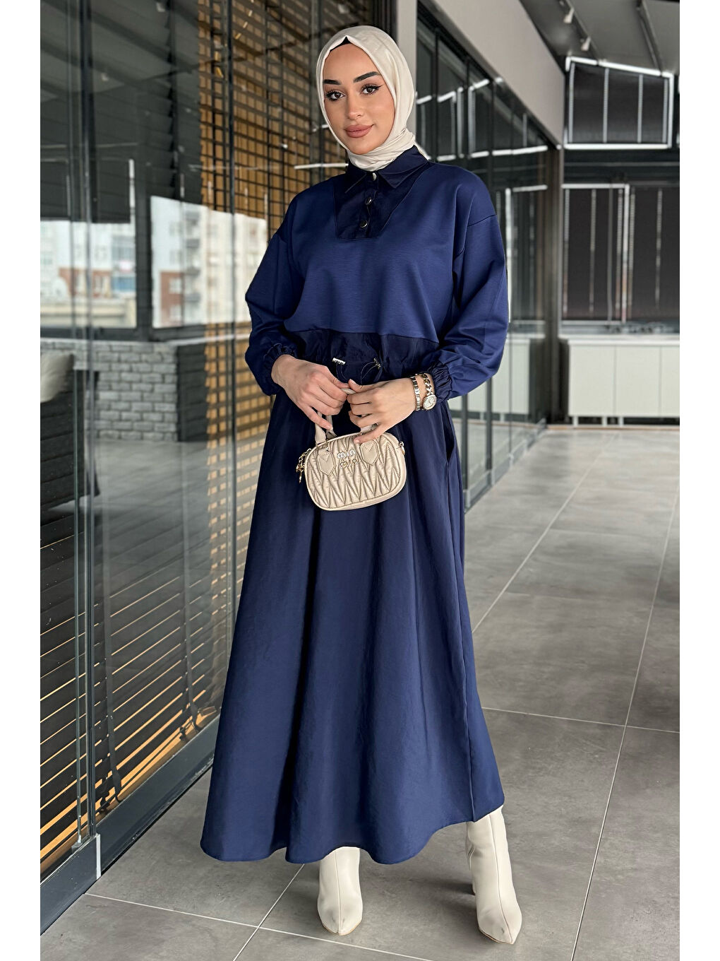 Lacivert Bel Lastikli Paraşüt Garnili Yaka Çıtçıt Detaylı Bluz Etek Tesettür İkili Takım-1