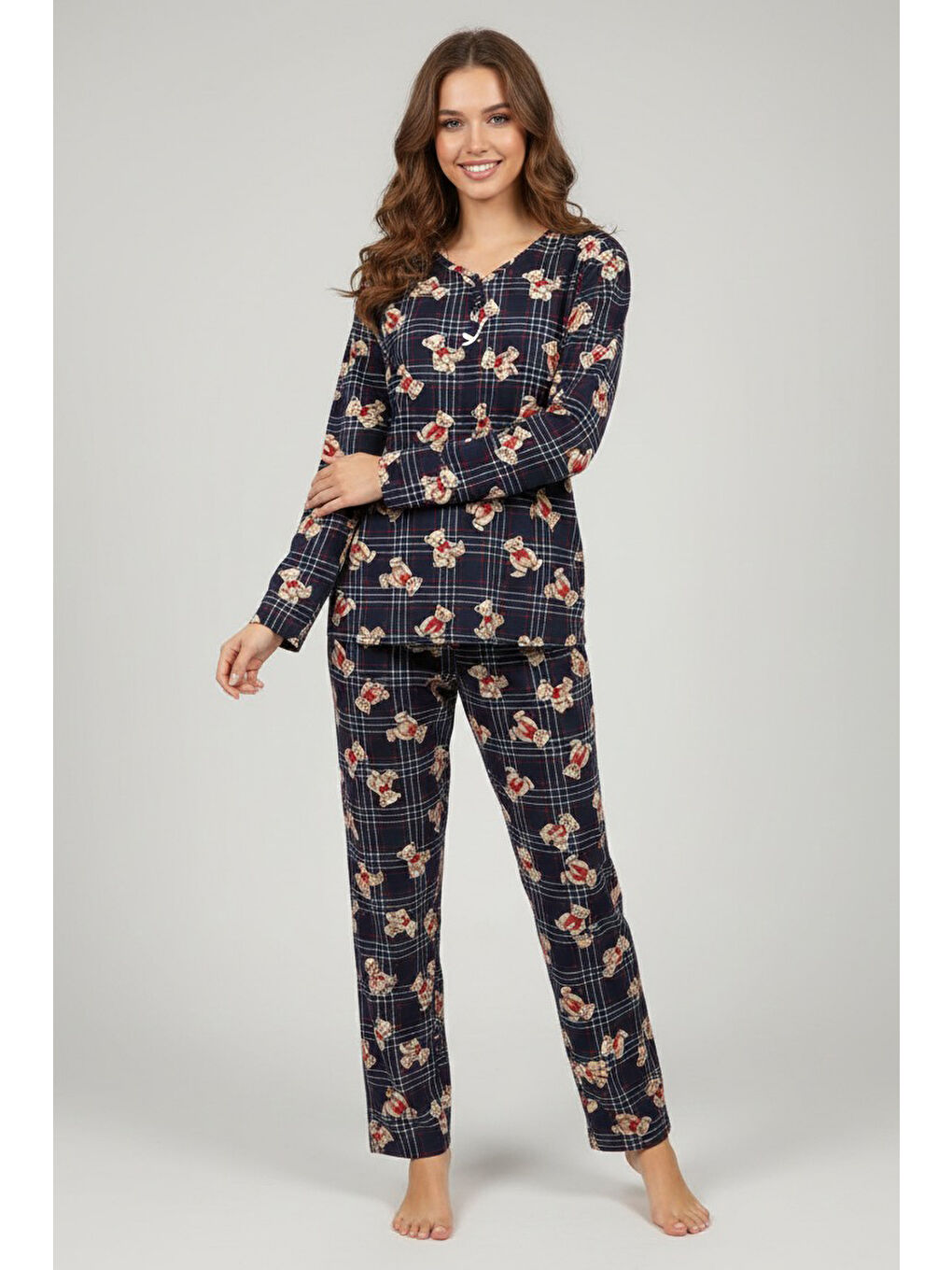 Desenli Süet Pijama Takımı Lacivert - 28048-LACIVERT