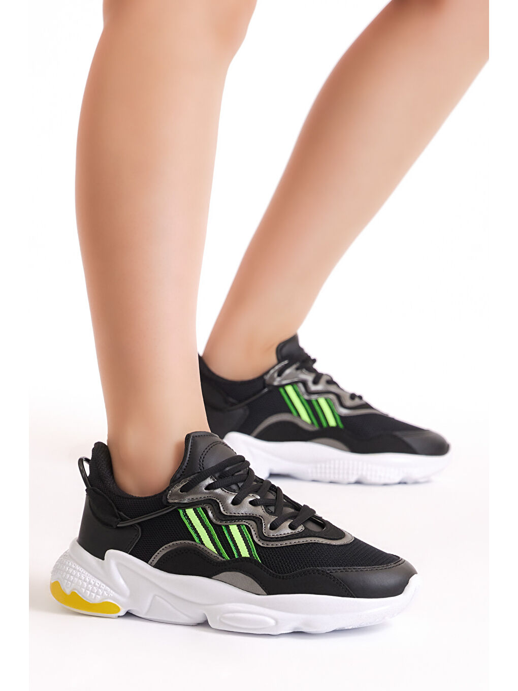 Unisex Siyah File Rahat Kalıp Yüksek Taban Şeritli Bağcıklı Spor Ayakkabı