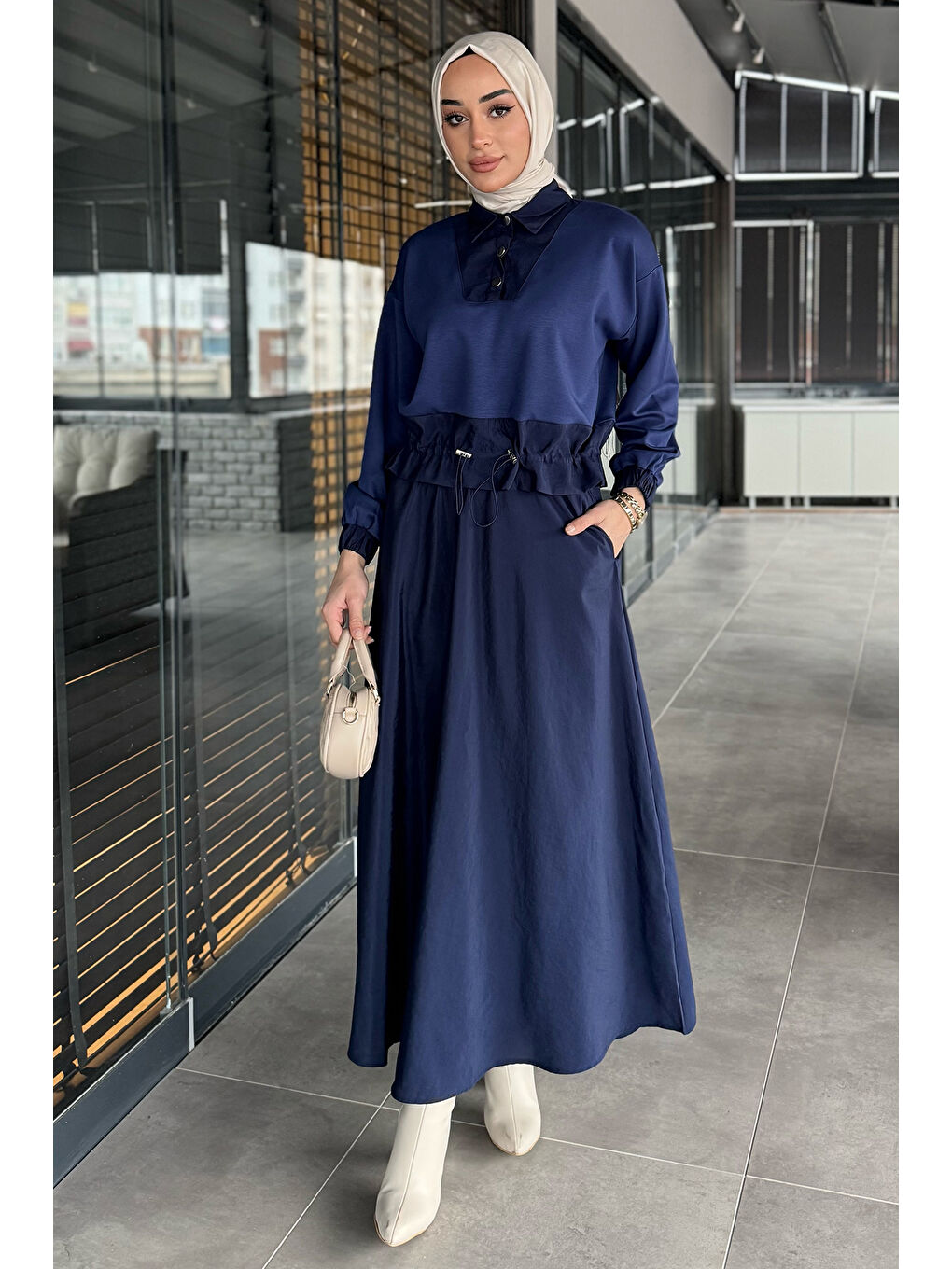 Lacivert Bel Lastikli Paraşüt Garnili Yaka Çıtçıt Detaylı Bluz Etek Tesettür İkili Takım-3