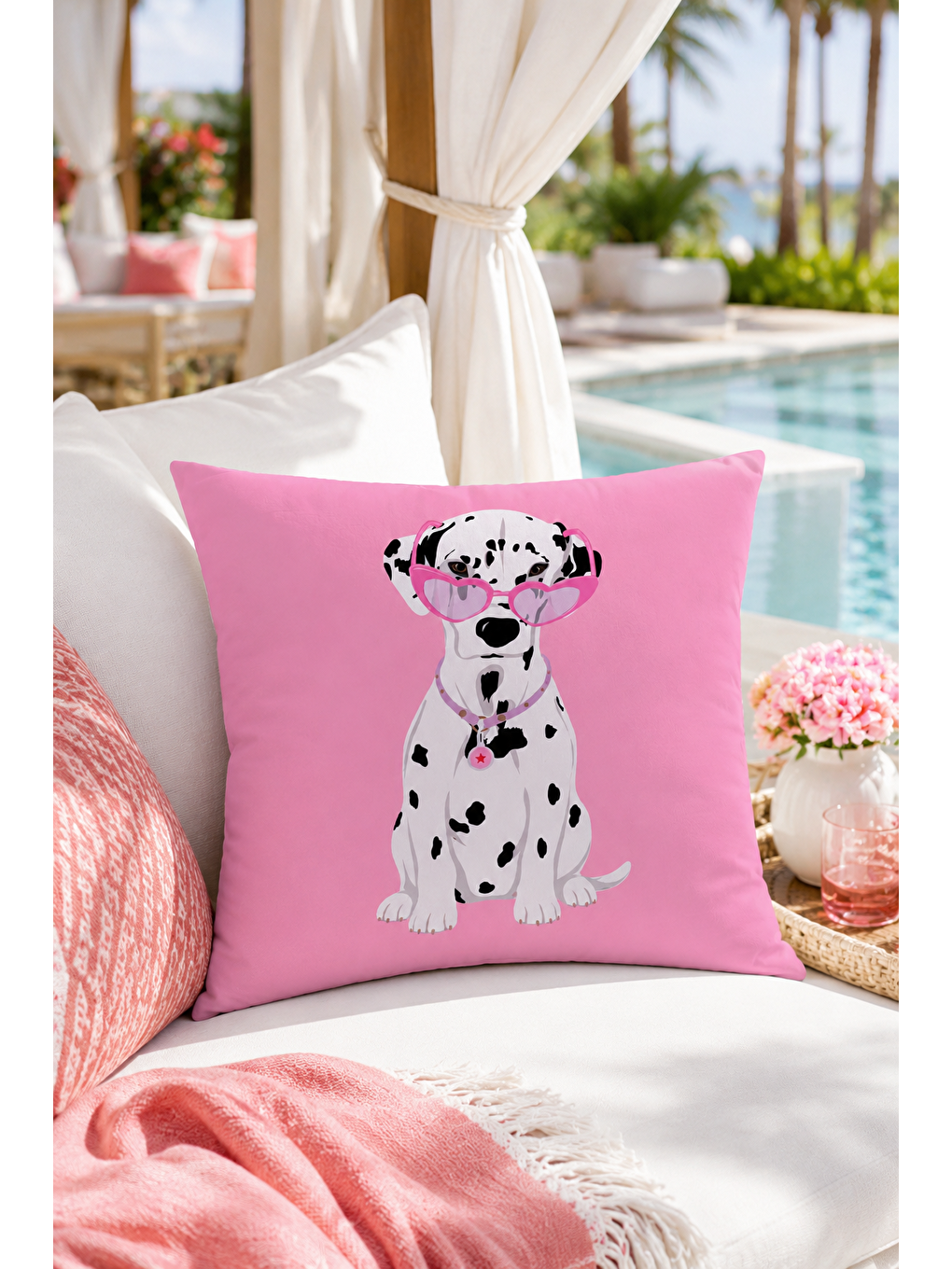 Beyaz Sevimli Pembe Dalmaçyalı Köpek Desenli Dekoratif Kırlent Kılıfı Modern Dekor 43x43 Cm-4