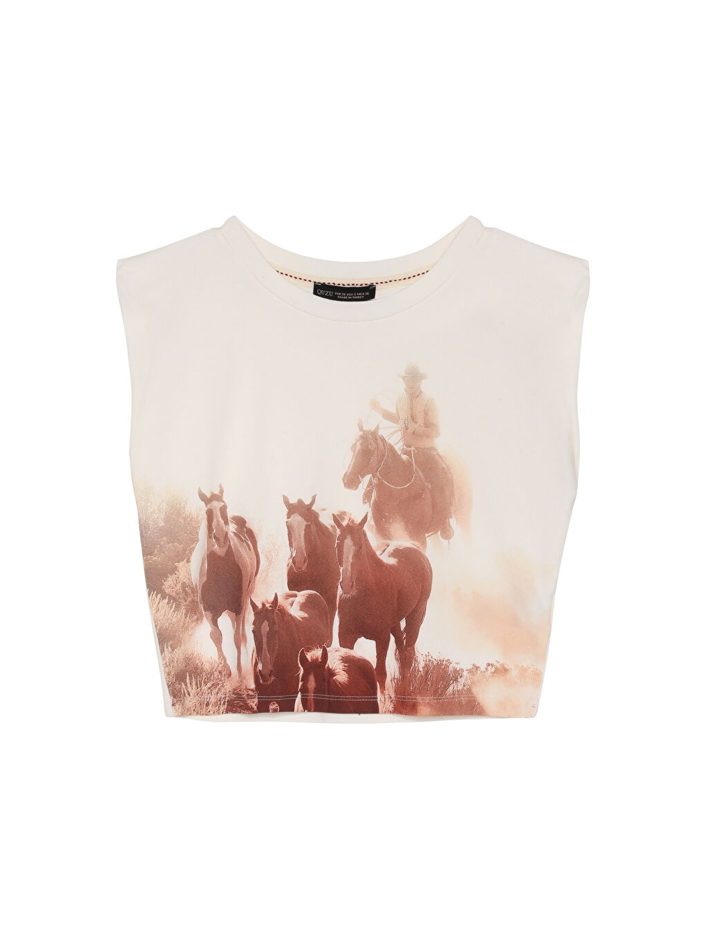 Kovboy At Baskılı Kolsuz Crop Tişört Ekru