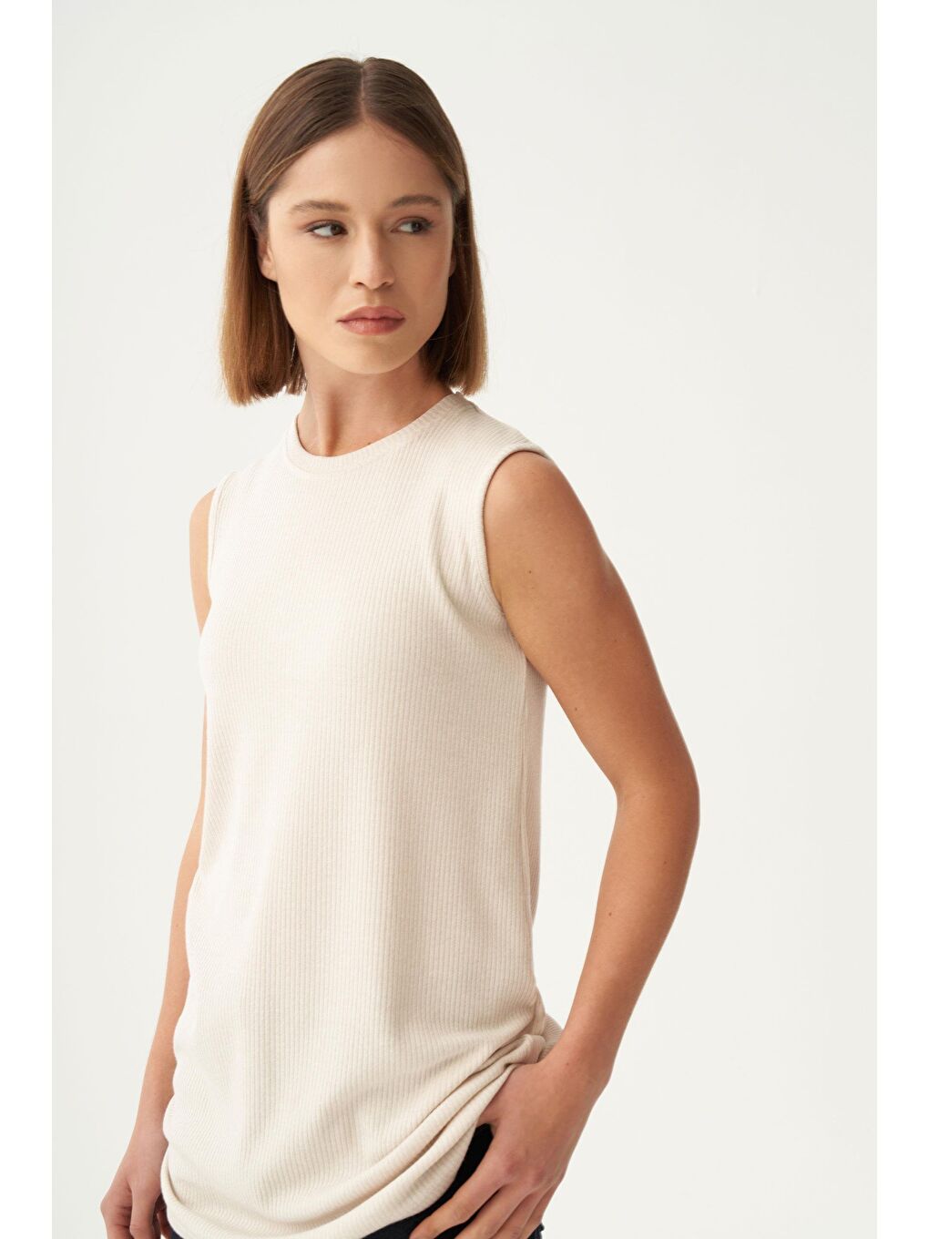 Bej Taş-Pamuklu Fitilli Kolsuz Elastanlı T-Shirt