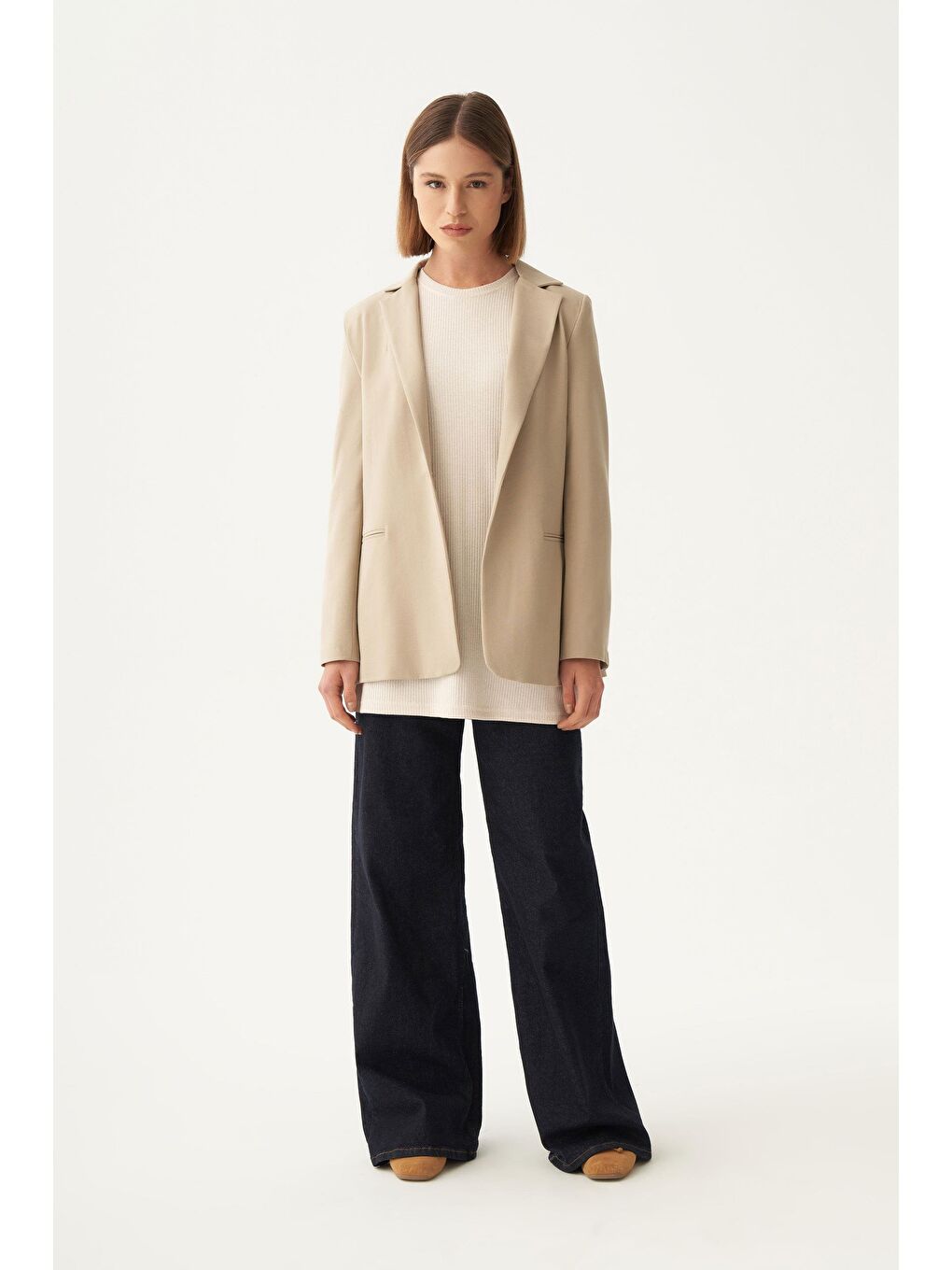 Bej Taş-Pamuklu Fitilli Kolsuz Elastanlı T-Shirt-1