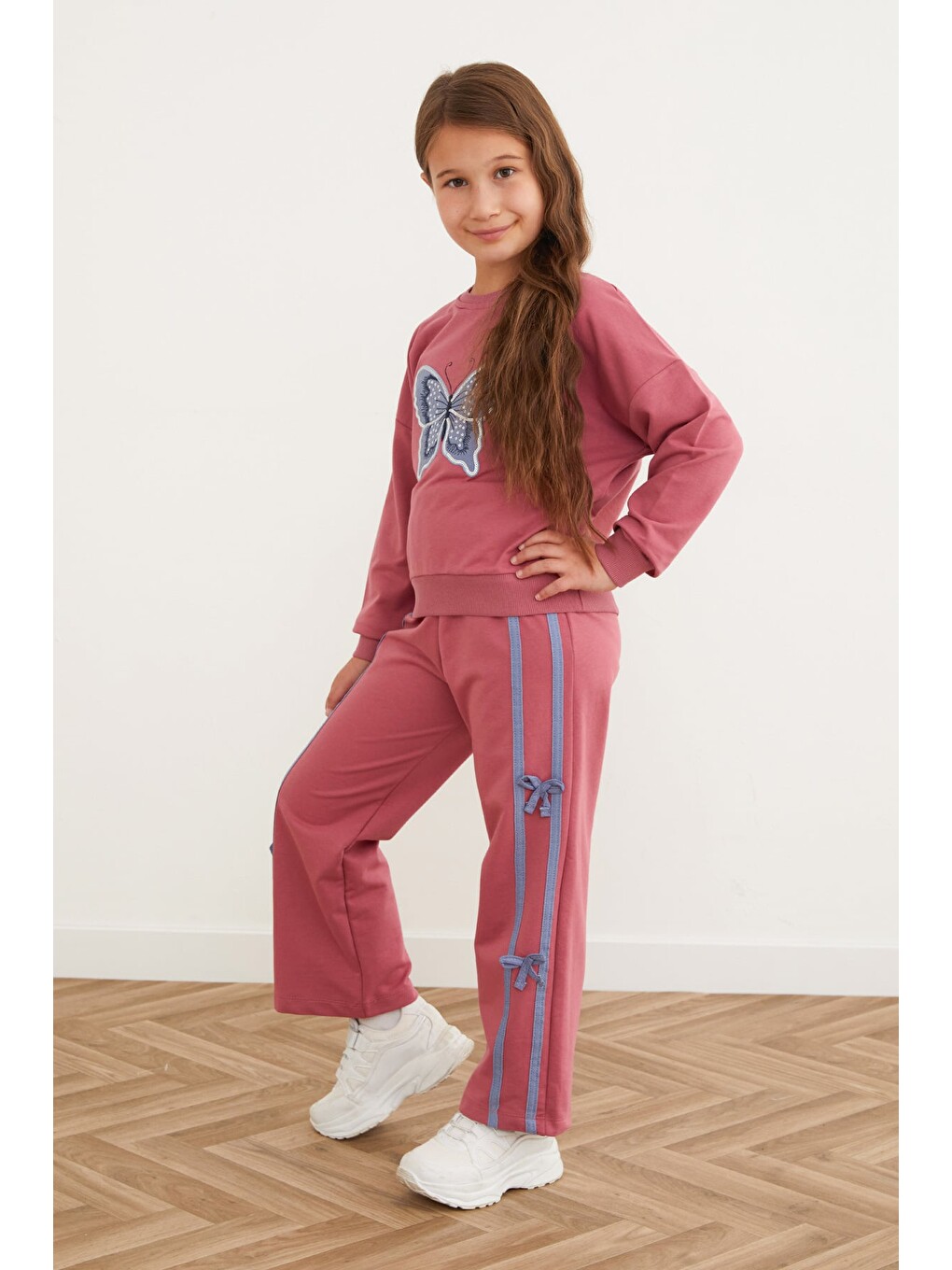Pembe Kelebek Nakışlı Kurdeleli Kız Çocuk Takım-3