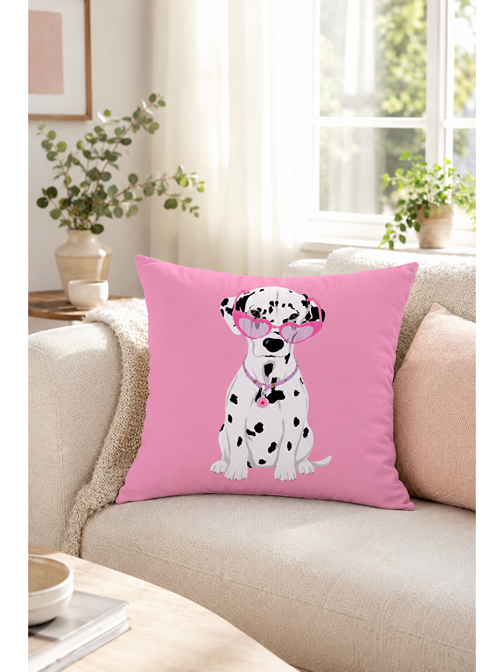 Beyaz Sevimli Pembe Dalmaçyalı Köpek Desenli Dekoratif Kırlent Kılıfı Modern Dekor 43x43 Cm-5