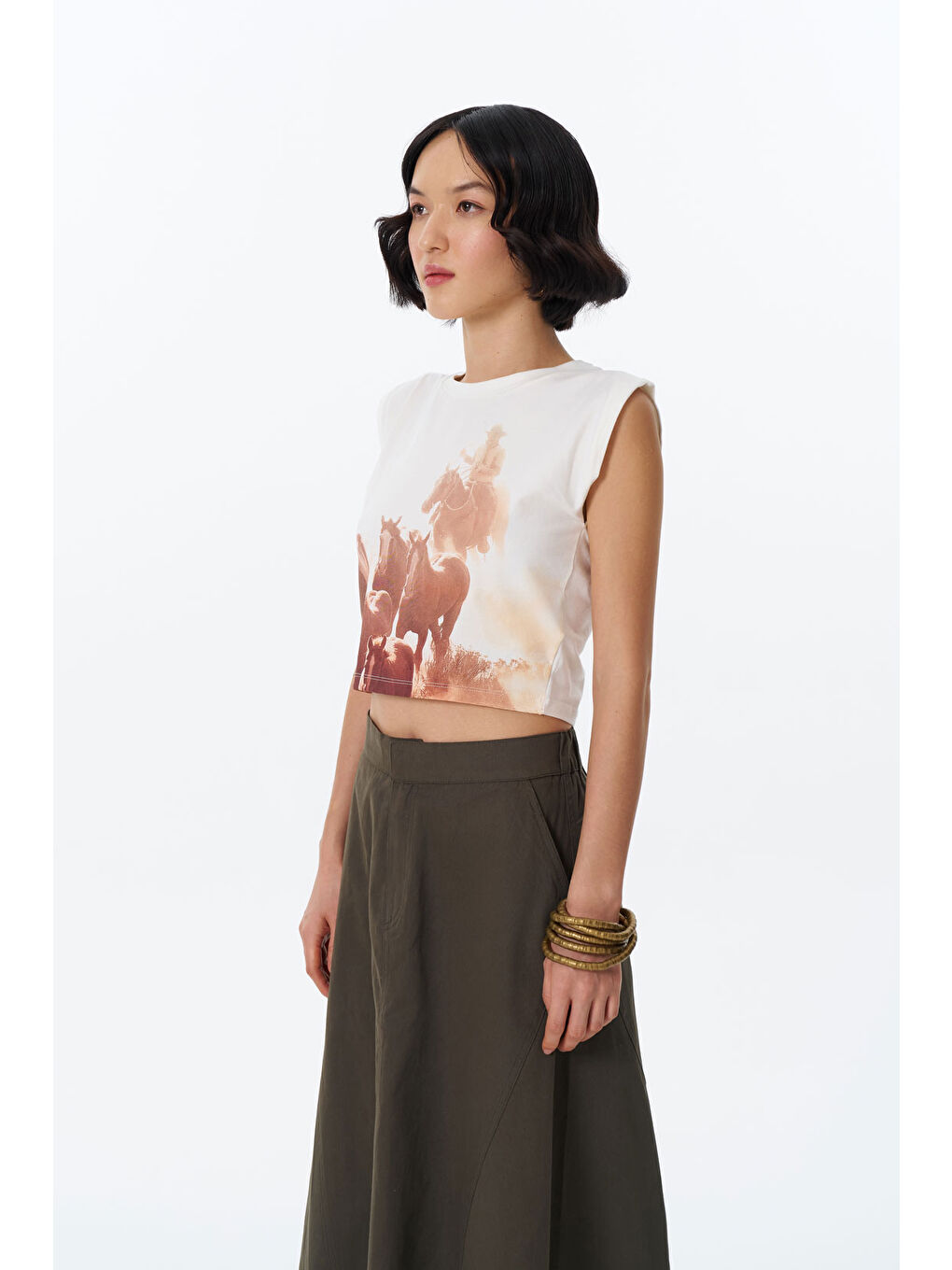 Kovboy At Baskılı Kolsuz Crop Tişört Ekru-3