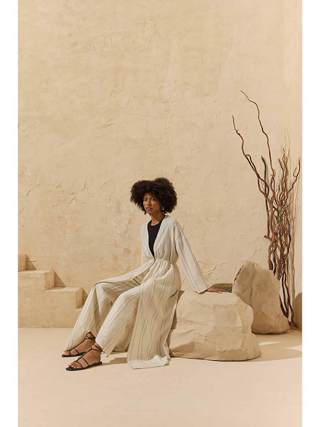 Siyah Renkli Çizgili Kimono