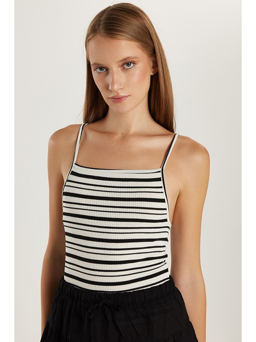 Karışık Kadın Slim Fit Dar Kesim İnce Askılı Çizgili Kare Yaka Body Atlet-1