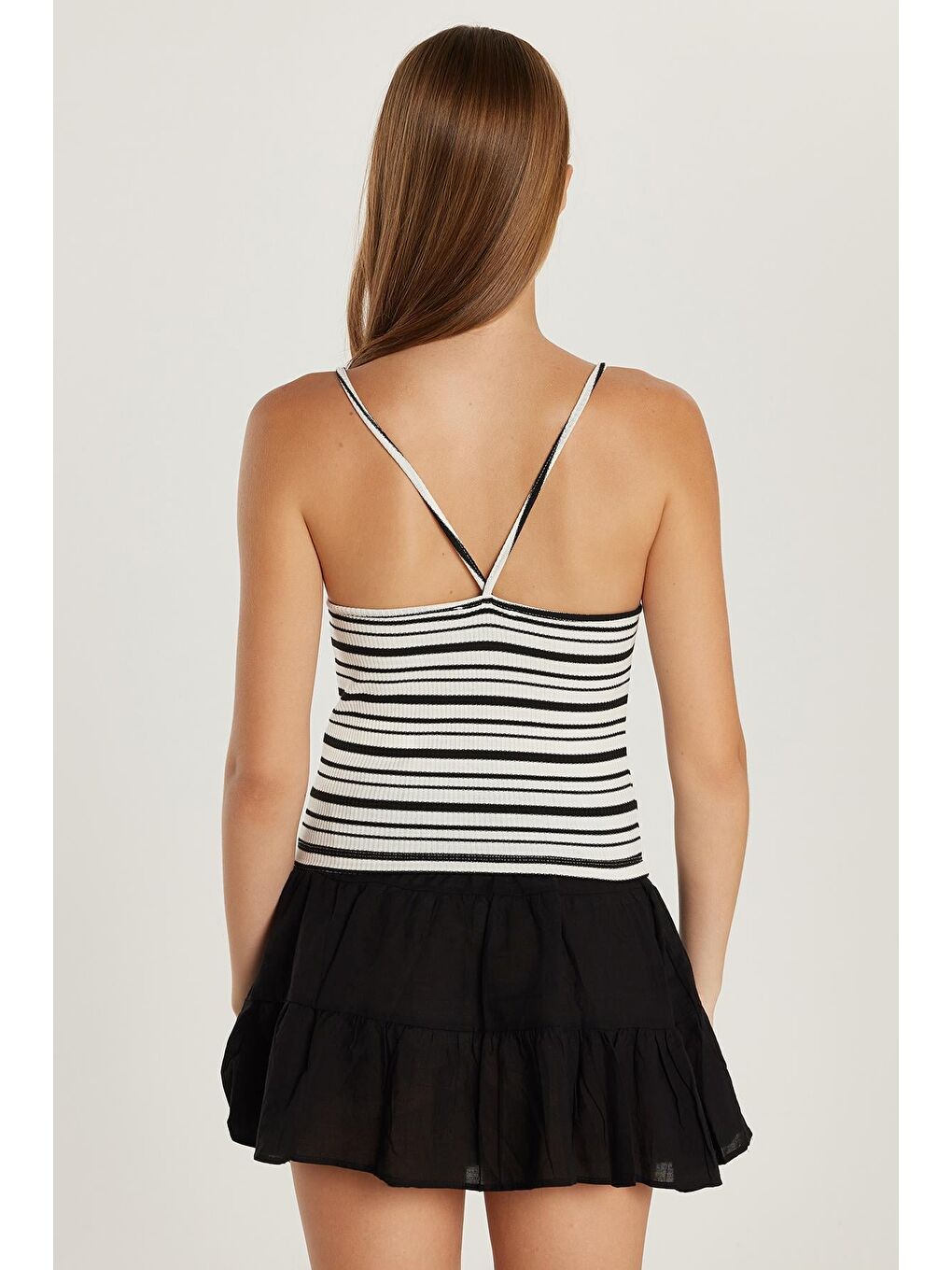 Karışık Kadın Slim Fit Dar Kesim İnce Askılı Çizgili Kare Yaka Body Atlet-4