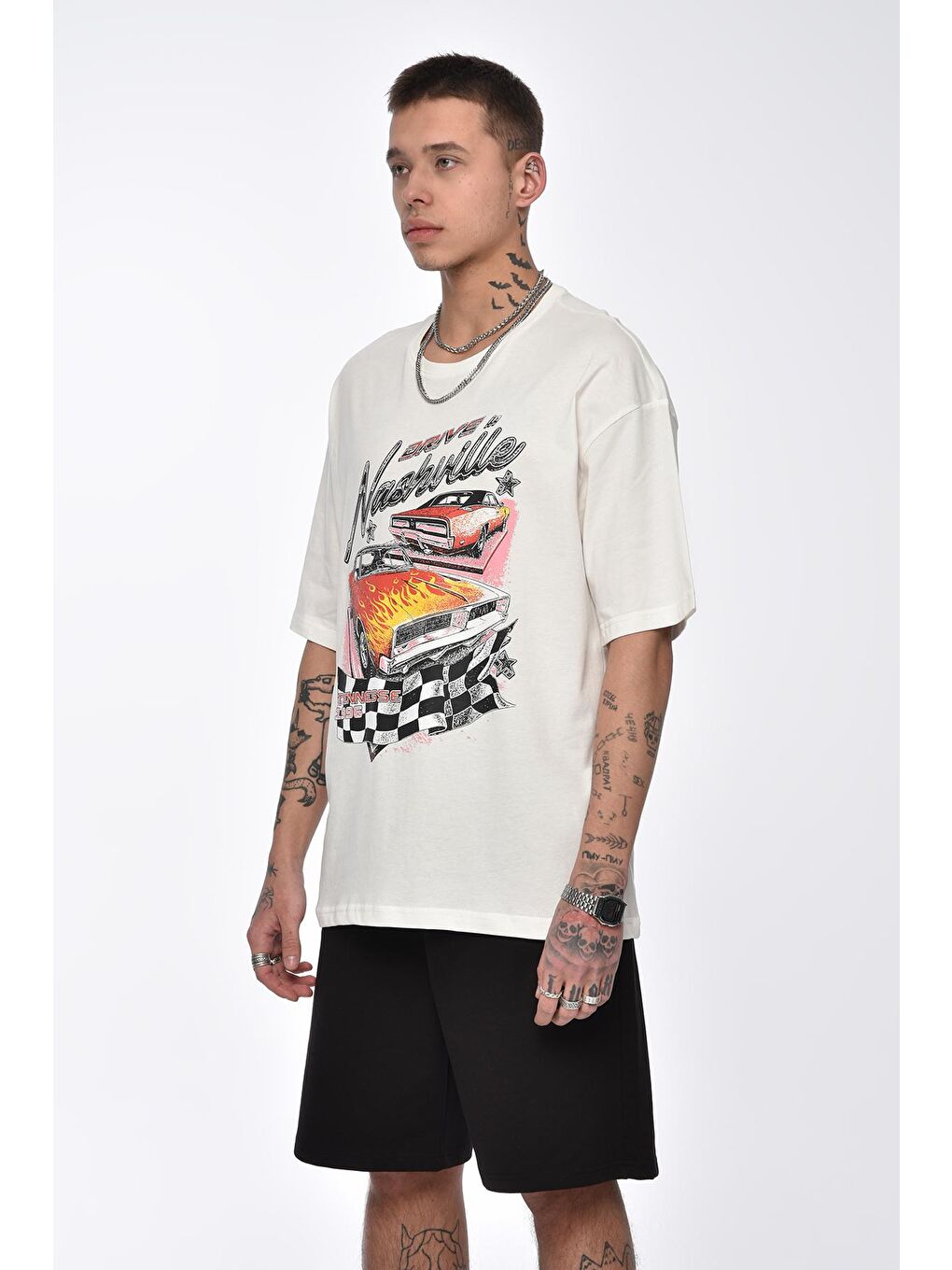 Ekru Baskılı Overize Tişört