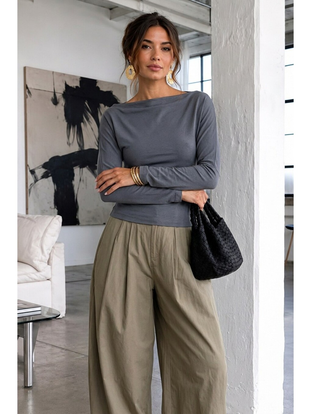 Gri Kadın Gabardin Pamuklu Casual Füme Bluz-1