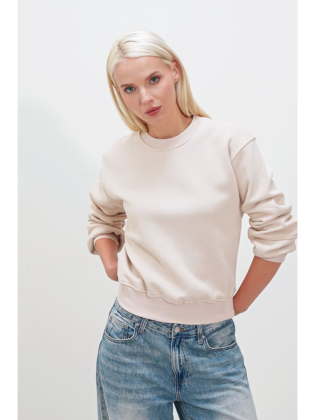 Bej Üç iplik Kol Dikiş Detay SWEAT-1