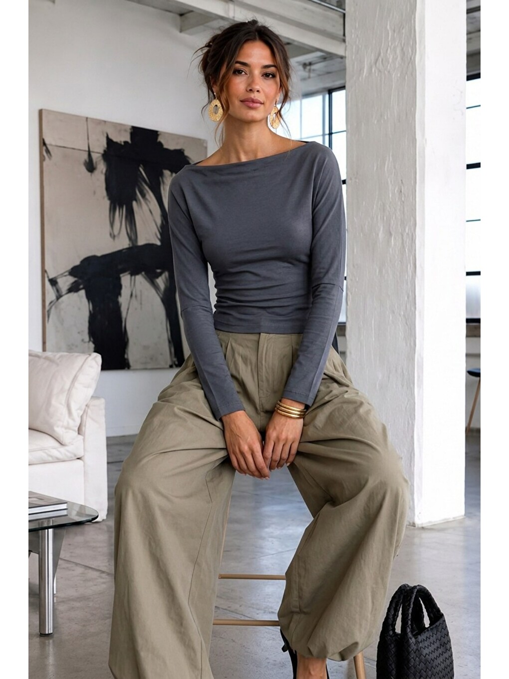 Gri Kadın Gabardin Pamuklu Casual Füme Bluz-2