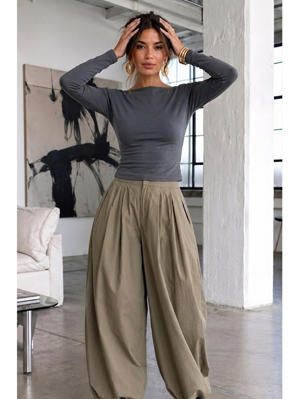 Gri Kadın Gabardin Pamuklu Casual Füme Bluz-3