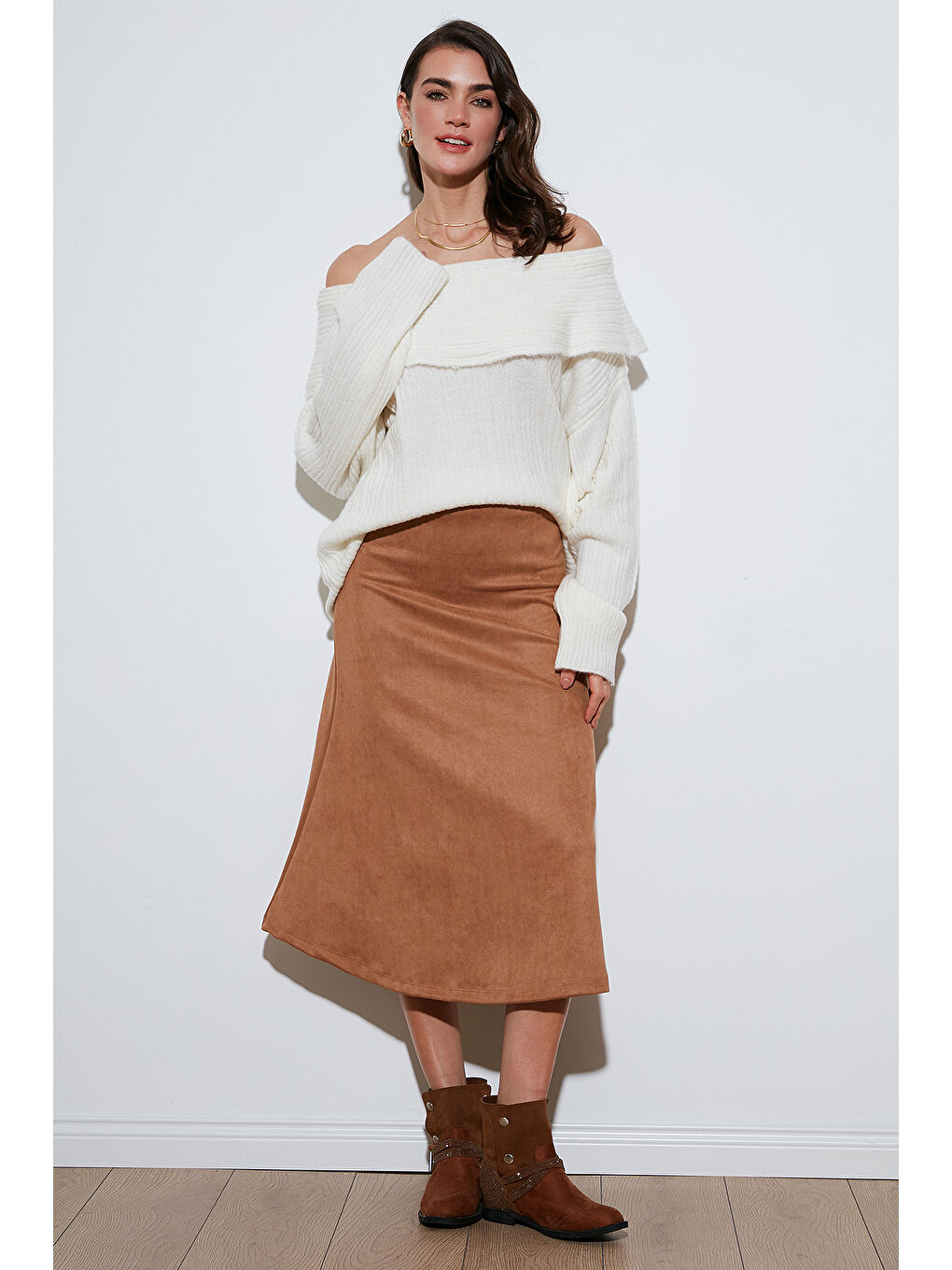 Bej Streç Regular Fit Yüksek Bel Midi Boy Süet Çan Etek 5866180