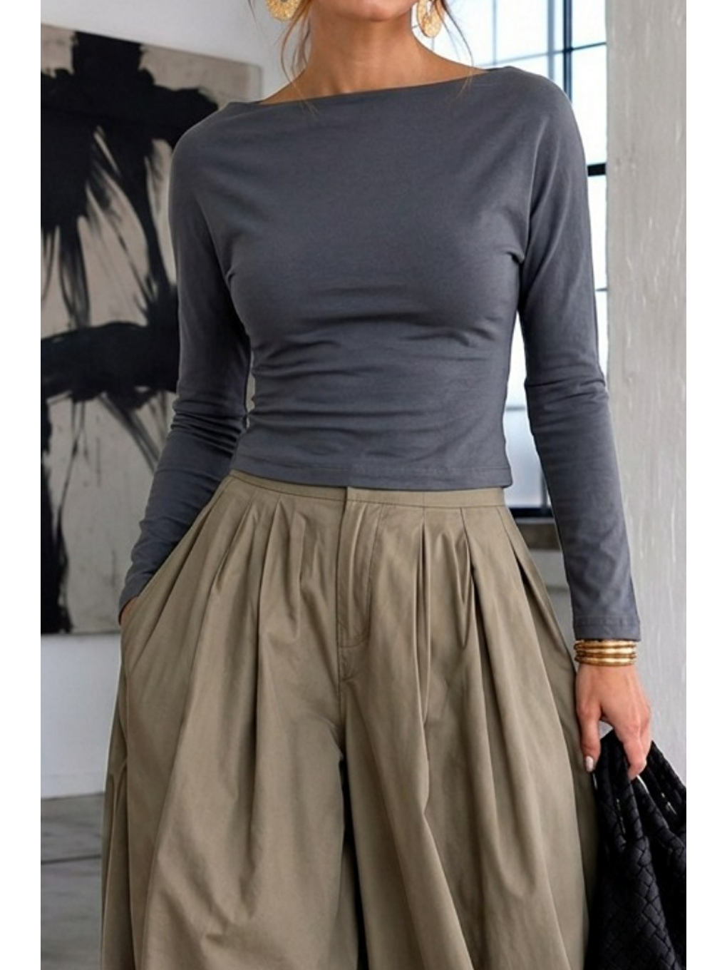 Gri Kadın Gabardin Pamuklu Casual Füme Bluz-4