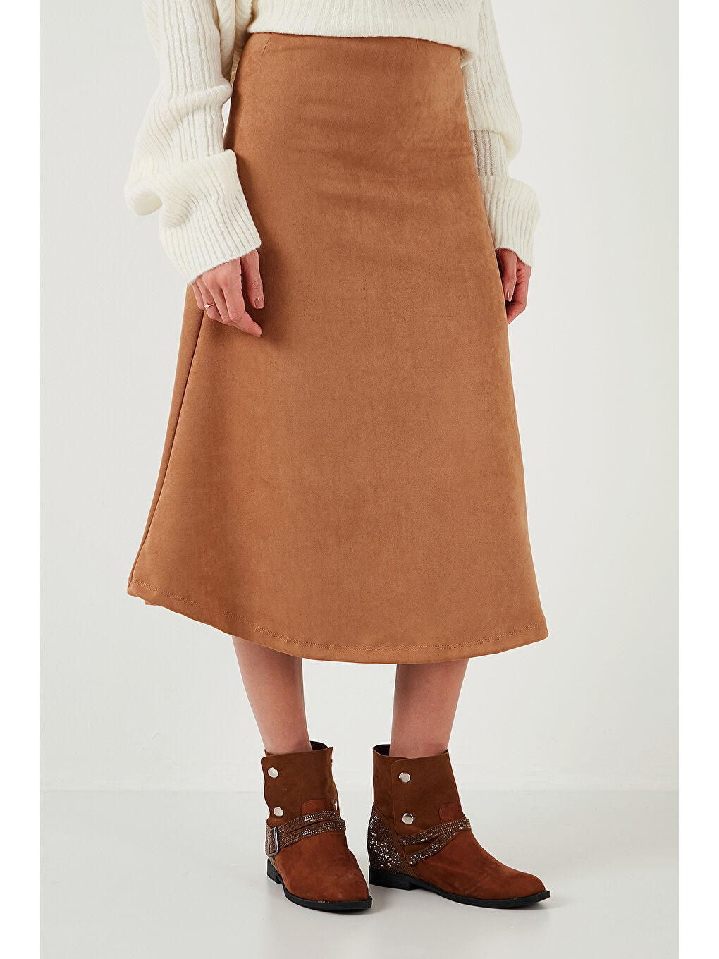 Bej Streç Regular Fit Yüksek Bel Midi Boy Süet Çan Etek 5866180-1