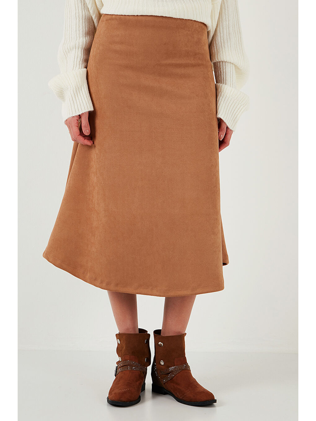 Bej Streç Regular Fit Yüksek Bel Midi Boy Süet Çan Etek 5866180-2