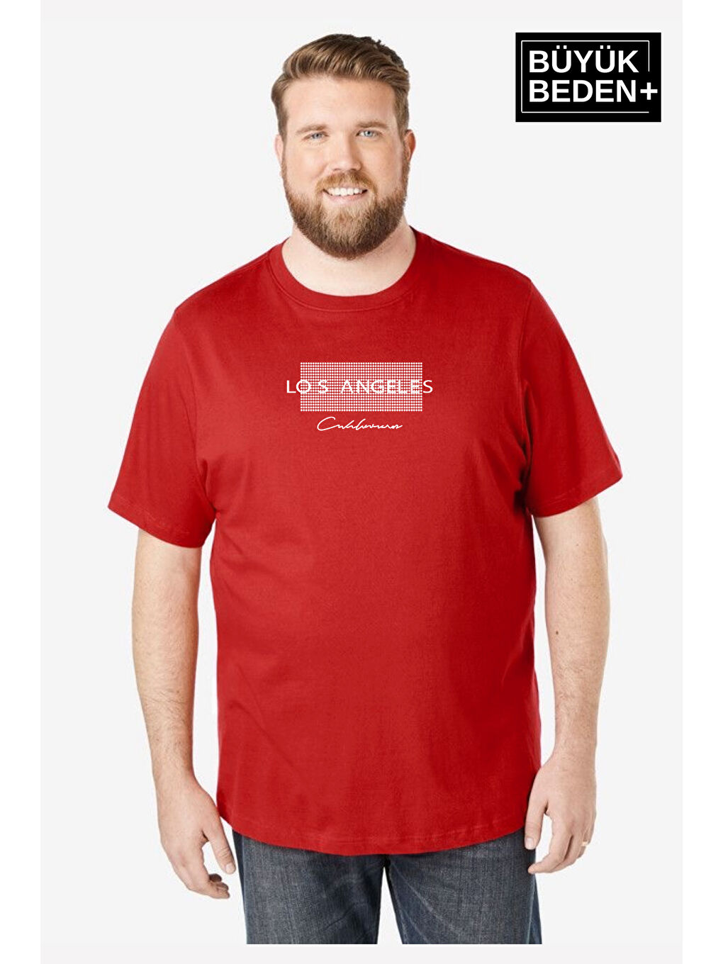 Kırmızı Erkek Büyük Beden Las Angeles Baskılı Bisiklet Yaka Tişört SPR25BT909
