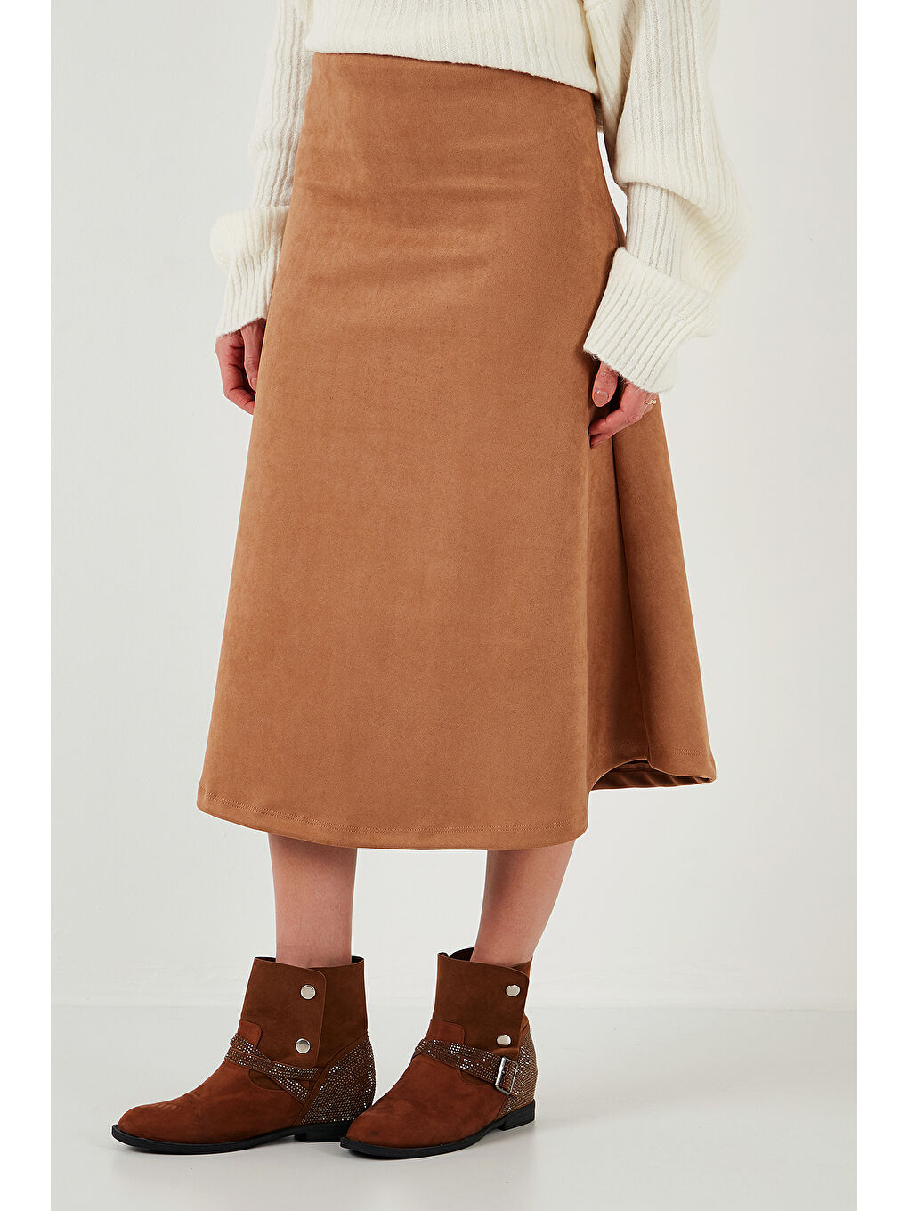 Bej Streç Regular Fit Yüksek Bel Midi Boy Süet Çan Etek 5866180-3