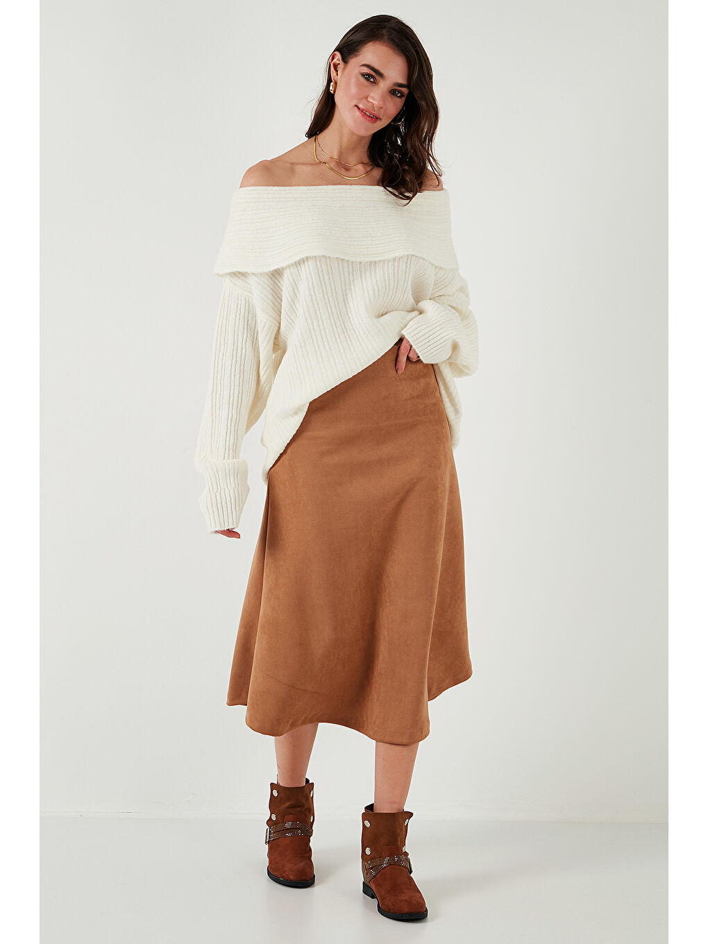 Bej Streç Regular Fit Yüksek Bel Midi Boy Süet Çan Etek 5866180-4