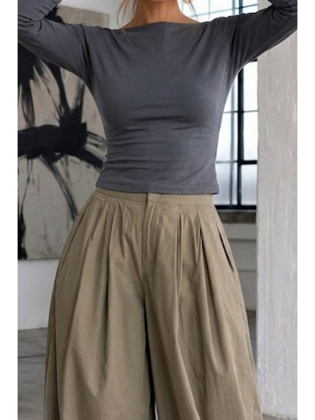 Gri Kadın Gabardin Pamuklu Casual Füme Bluz-5