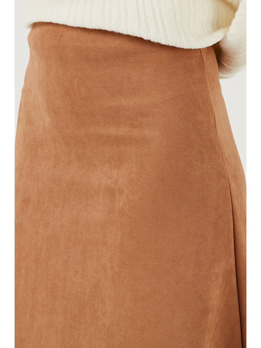 Bej Streç Regular Fit Yüksek Bel Midi Boy Süet Çan Etek 5866180-5