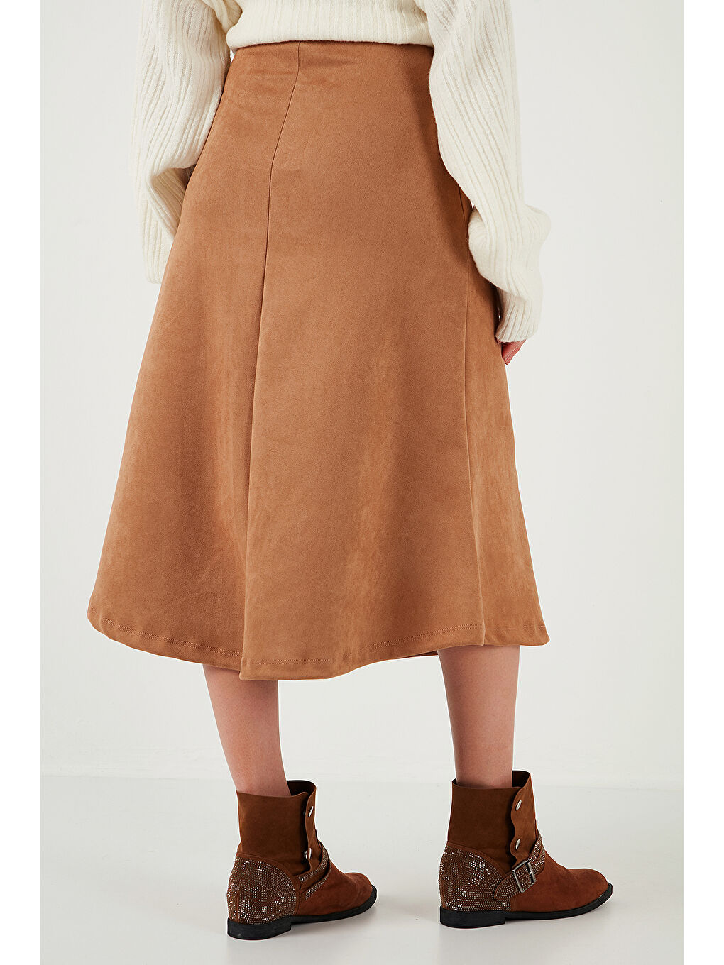 Bej Streç Regular Fit Yüksek Bel Midi Boy Süet Çan Etek 5866180-6