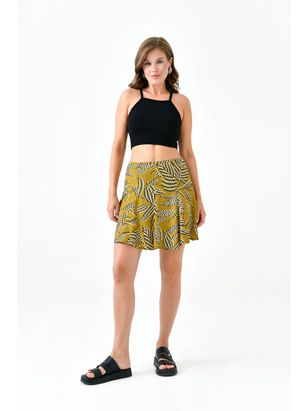 Açık Haki Godeli Mini Boy Dokuma Etek;