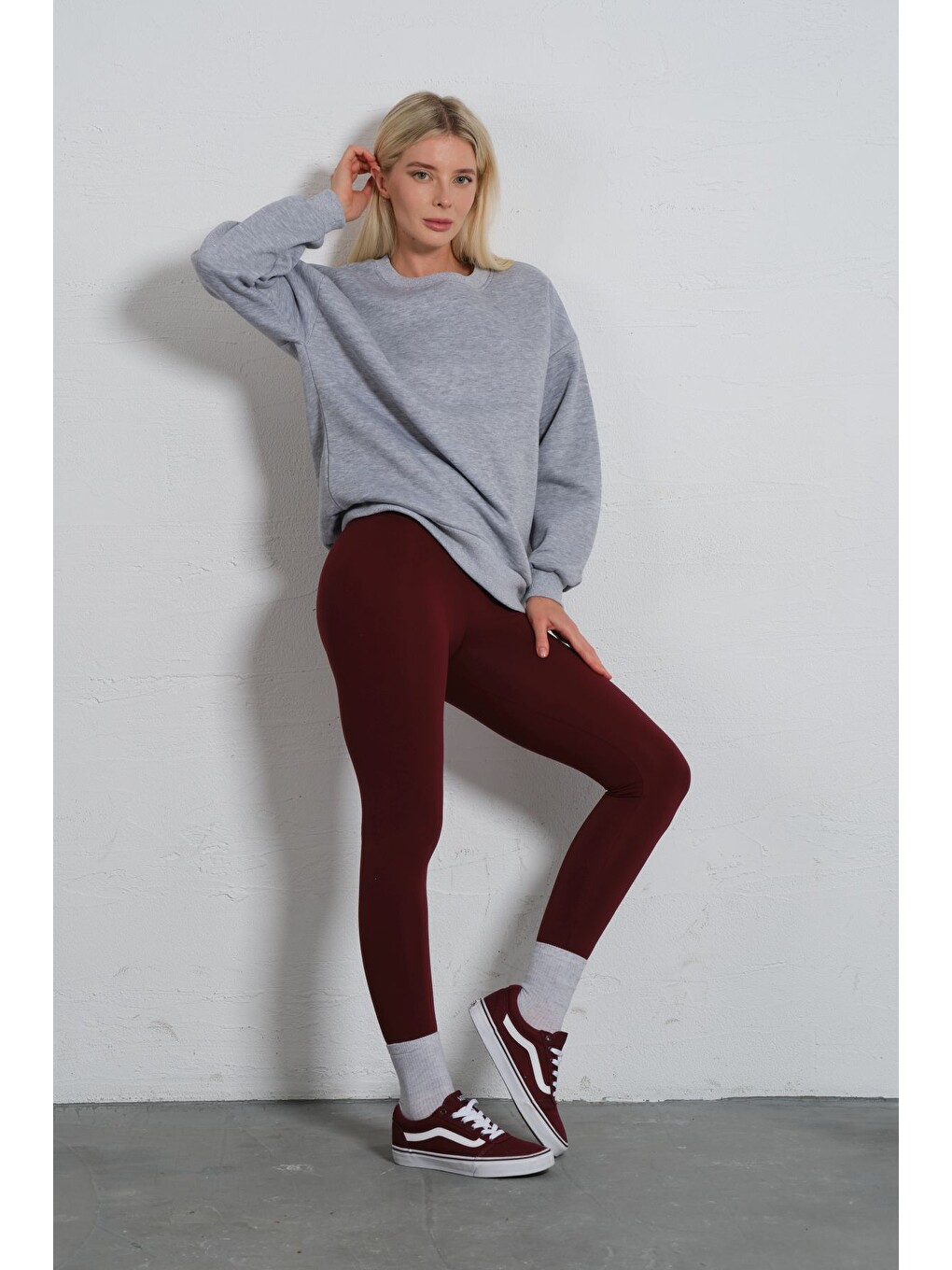 Bordo Ekstra Yüksek Bel Toparlayıcı Karyoka Dikişli Kışlık içi Polar Push up Kadın Tayt @Simena-5