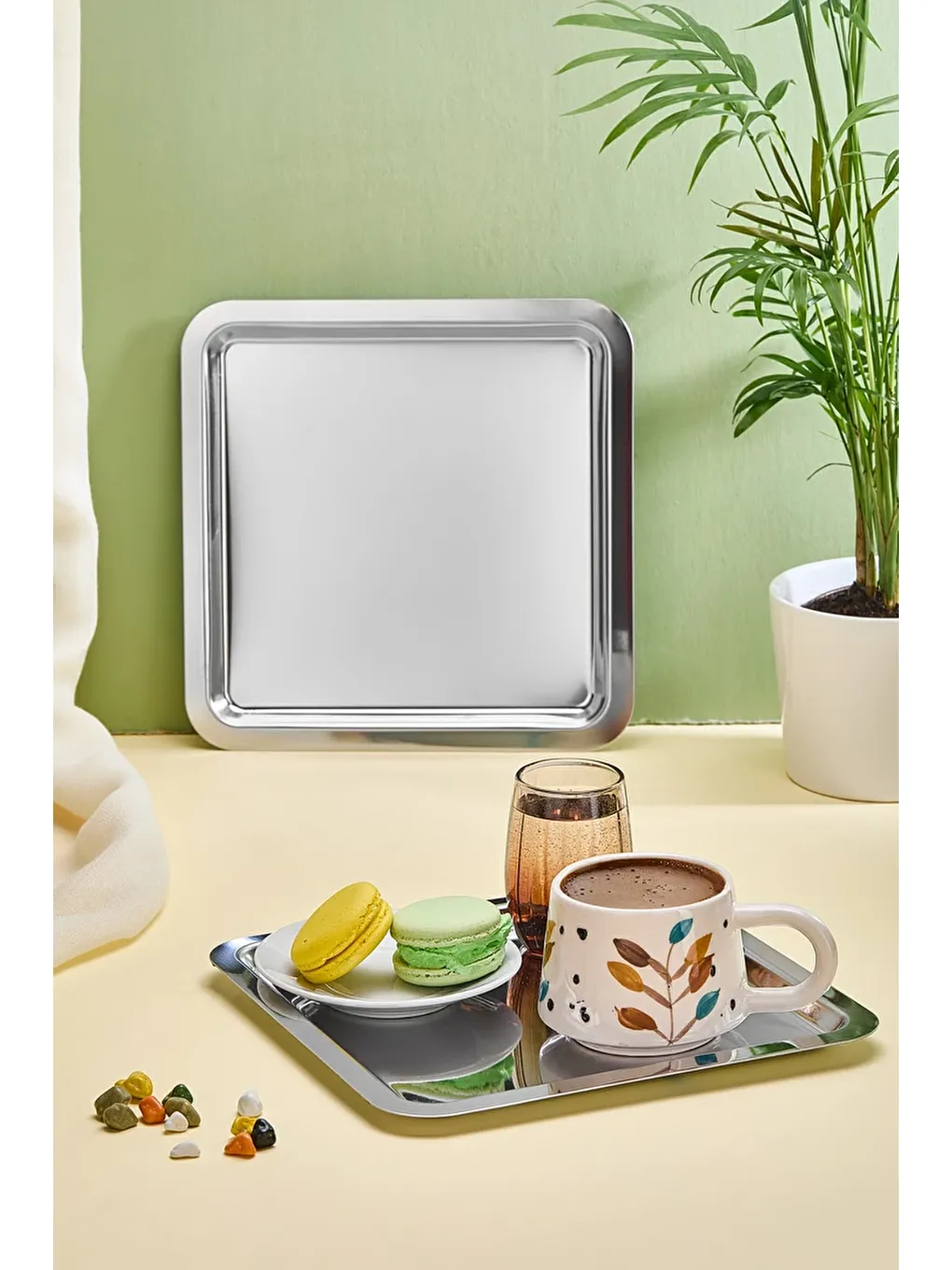 Gri Kare Paslanmaz Çelik 6’lı Gümüş Kahve, Çay, Dekoratif Sunum Servis Nişan Tepsisi-1