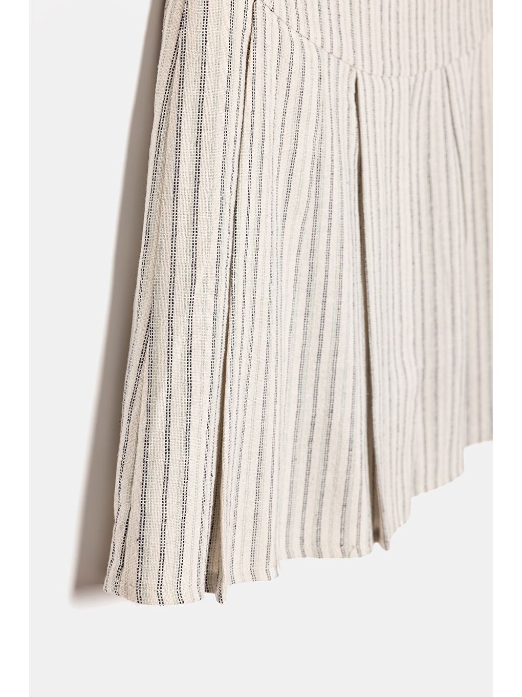 Ekru Kadın Çizgili A Kesim Normal Bel Pileli Dokuma Mini Etek-3