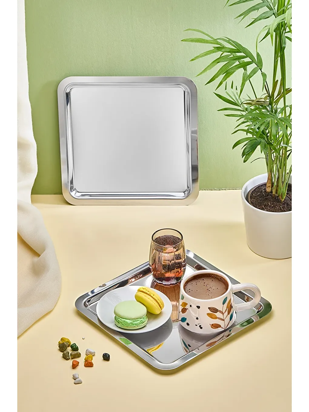 Gri Kare Paslanmaz Çelik 6’lı Gümüş Kahve, Çay, Dekoratif Sunum Servis Nişan Tepsisi-2