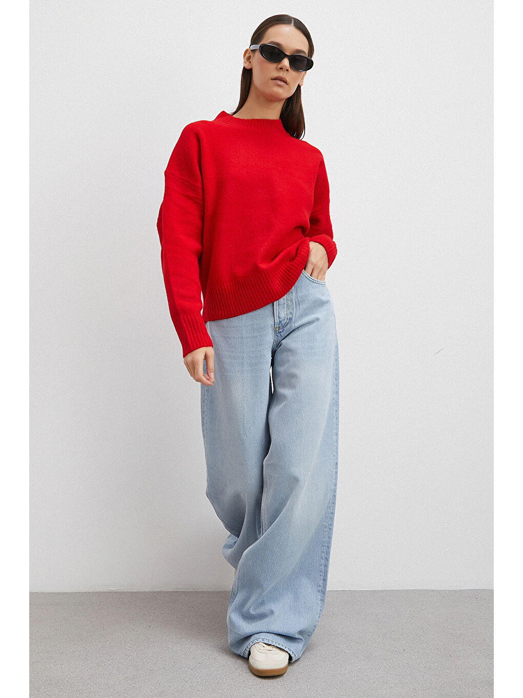 Yüksek Bel Geniş Paça Jean Buz Mavisi-2