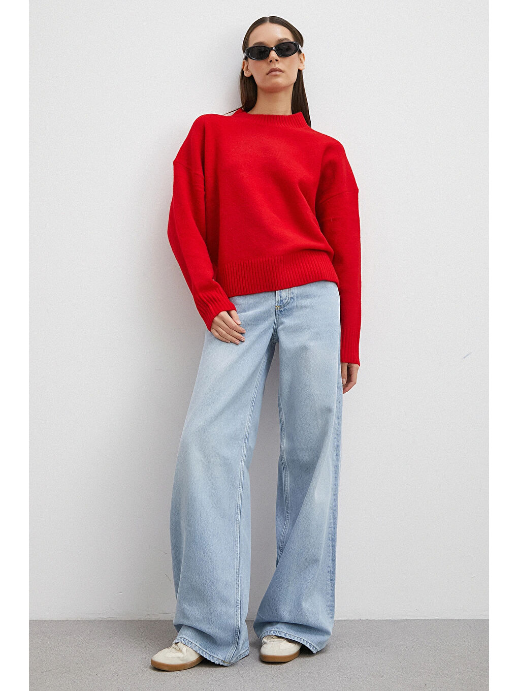 Yüksek Bel Geniş Paça Jean Buz Mavisi-3