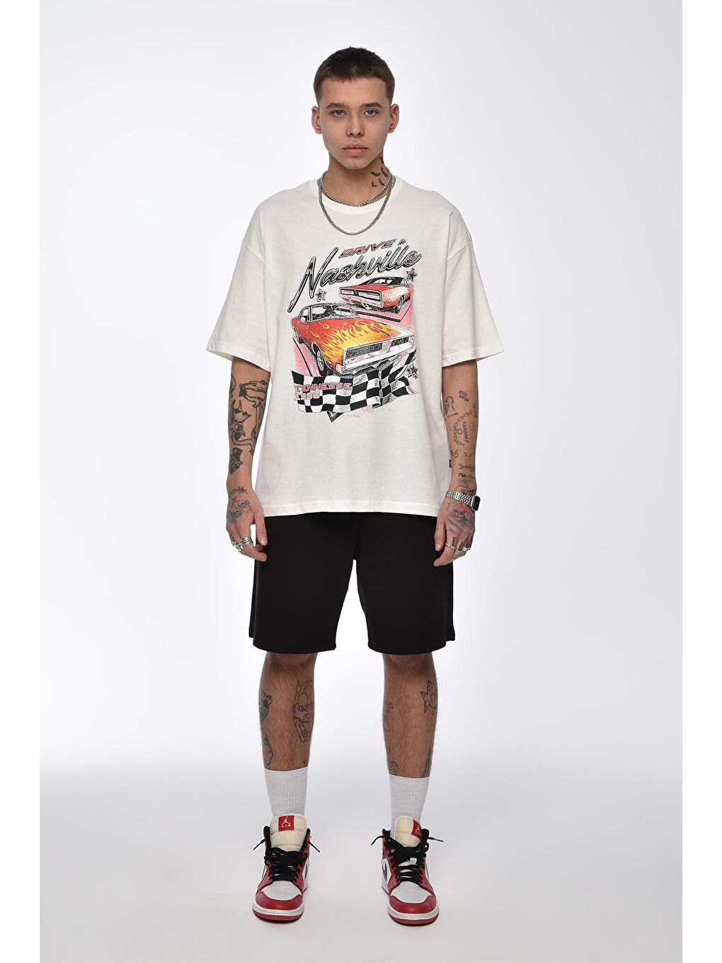 Ekru Baskılı Overize Tişört-1