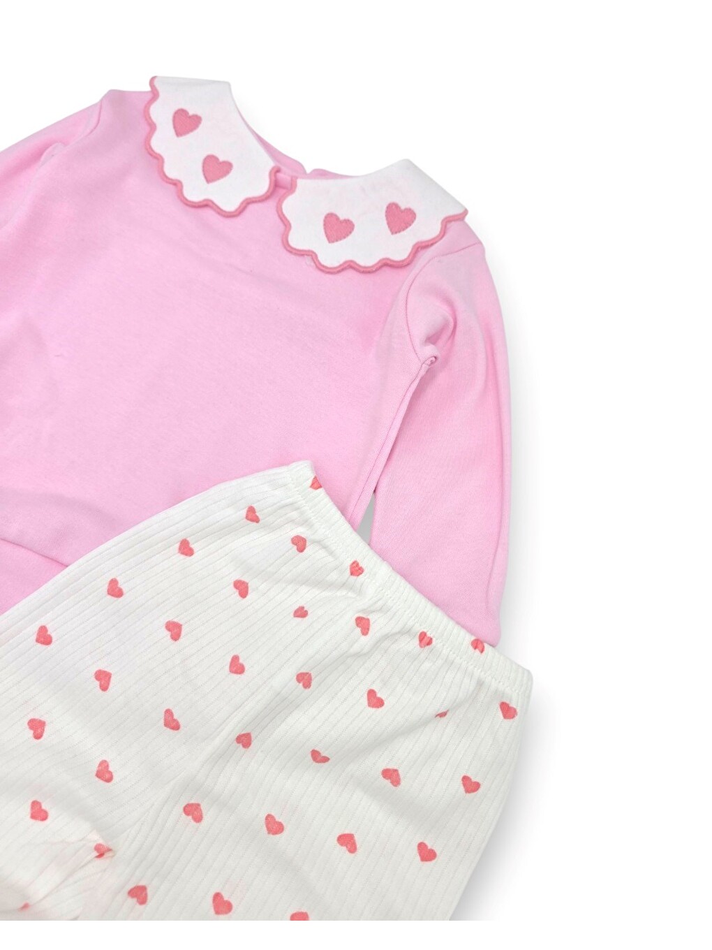 Pembe Kız Bebek Mevsimlik Kalp Baskılı Bebe Yakalı 9-12-18-24 Aylık Dar Kalıplı 2'li Alt Üst Bebek Takım-3