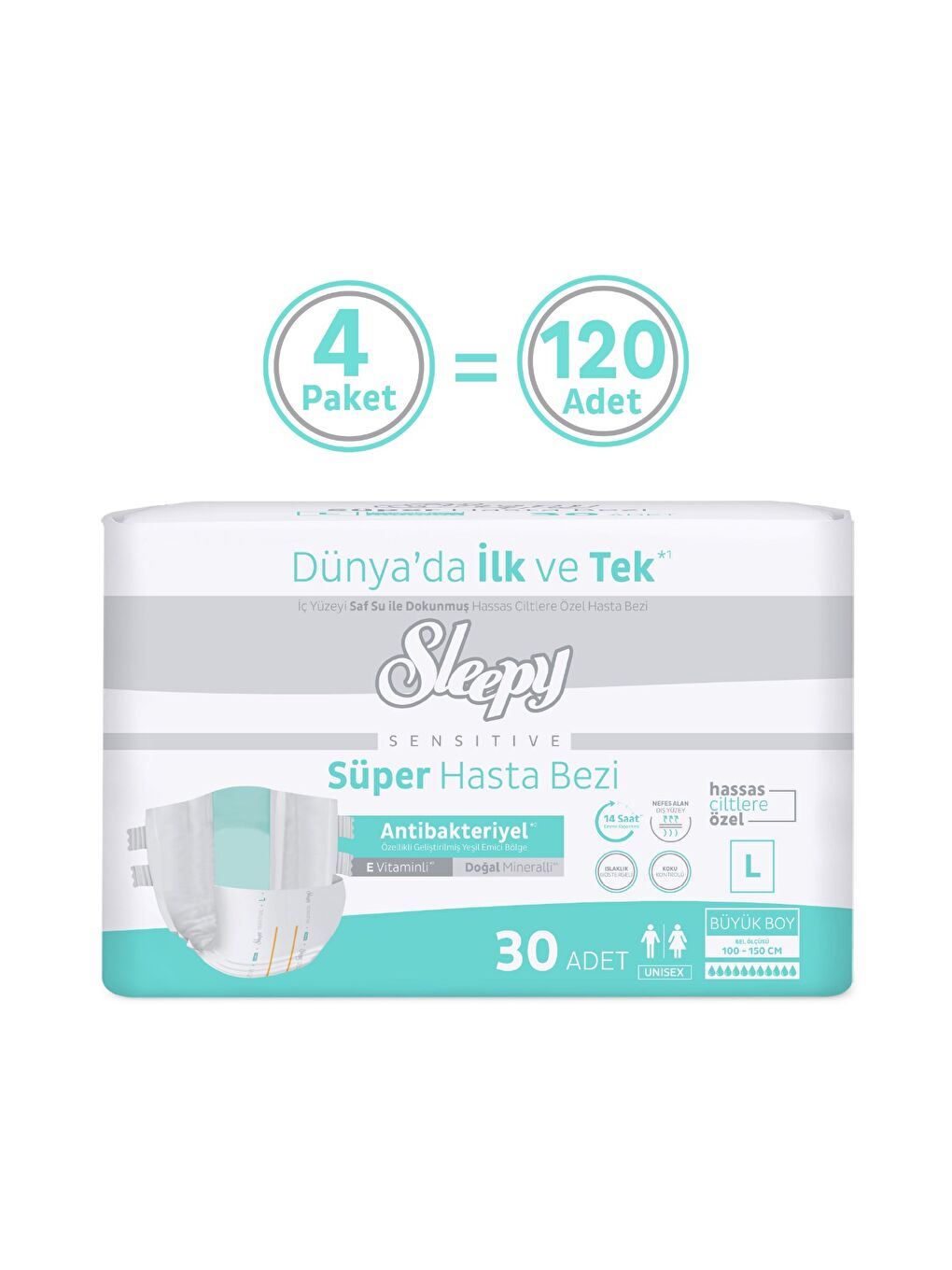 Sensitive Antibakteriyel Süper Yetişkin Hasta Bezi Large 30x4 120 Adet-1