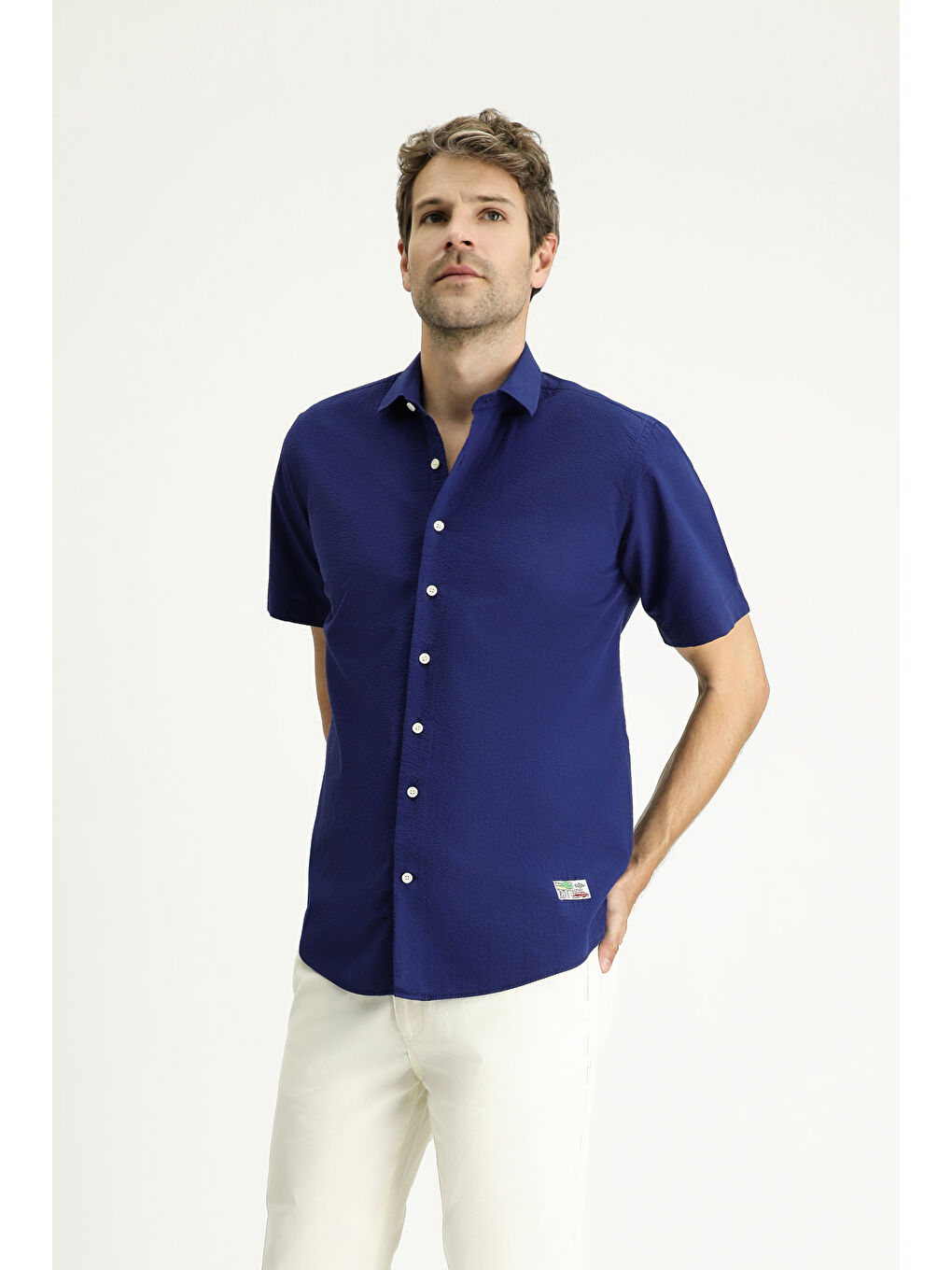 Lacivert Kısa Kol Regular Fit Desenli Gofre Pamuk Gömlek