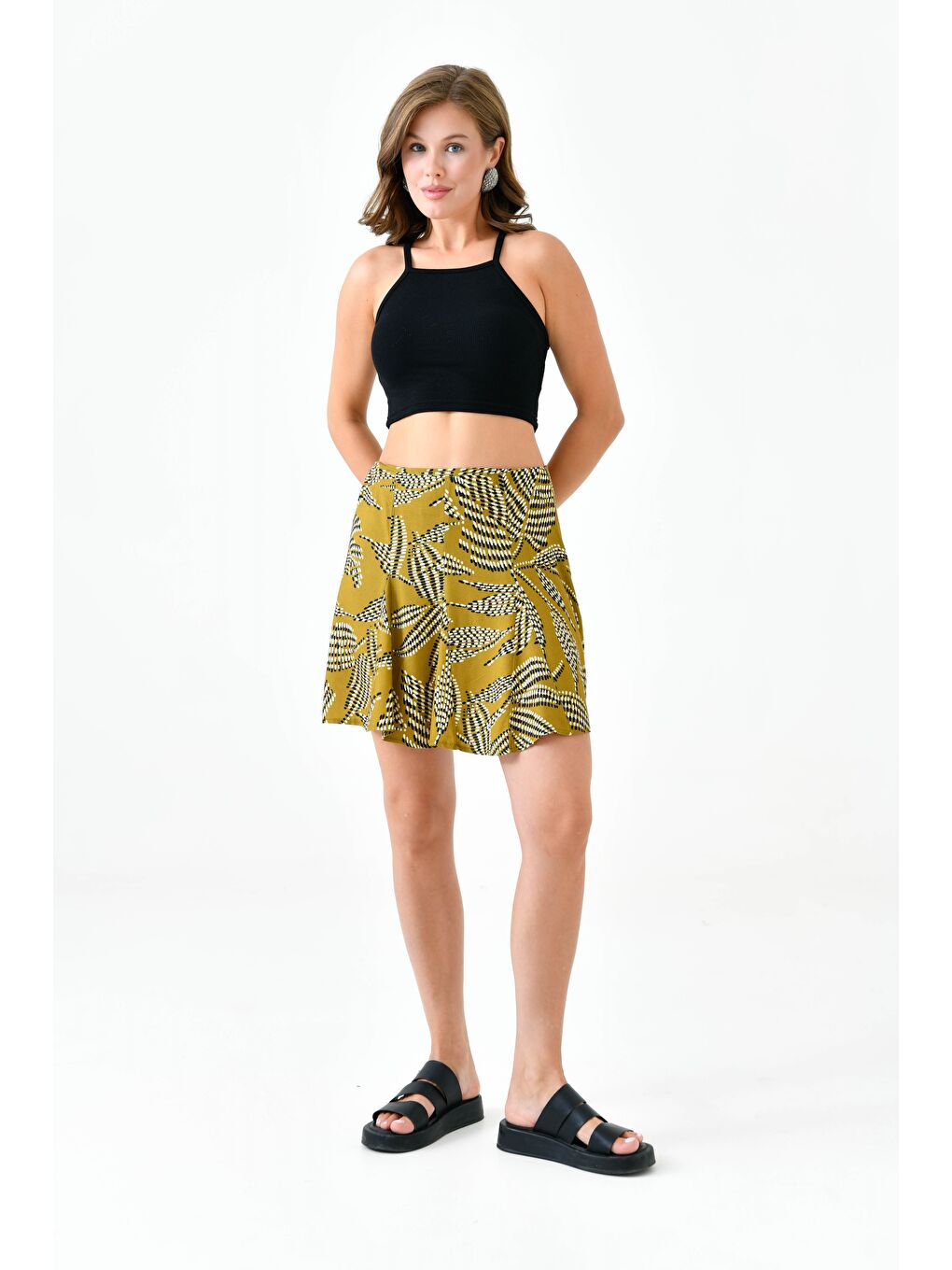 Açık Haki Godeli Mini Boy Dokuma Etek;-3