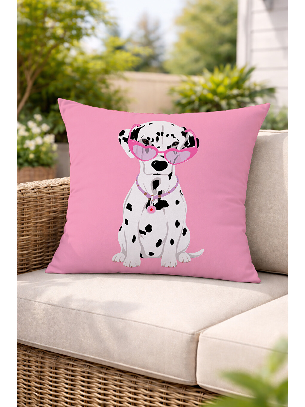 Beyaz Sevimli Pembe Dalmaçyalı Köpek Desenli Dekoratif Kırlent Kılıfı Modern Dekor 43x43 Cm-7
