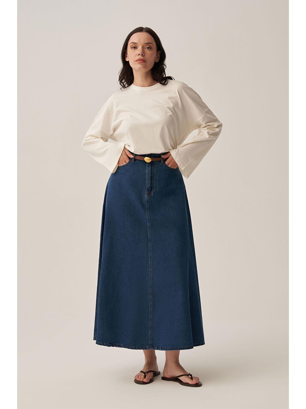 Koyu Mavi-5 Cep Kloş Denim Etek