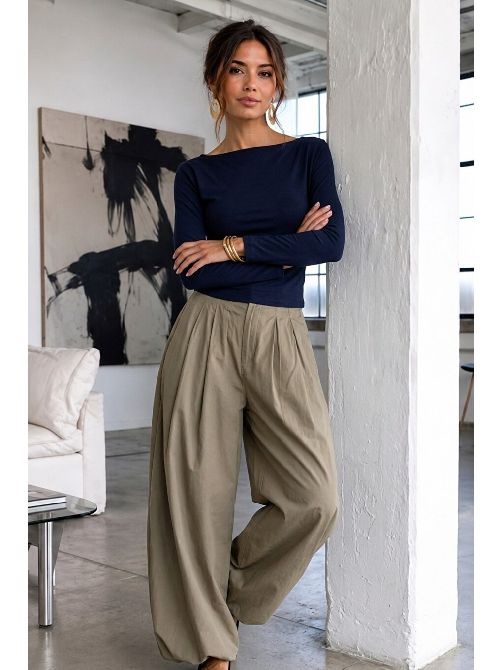Kadın Gabardin Pamuklu Casual Lacivert Bluz-1