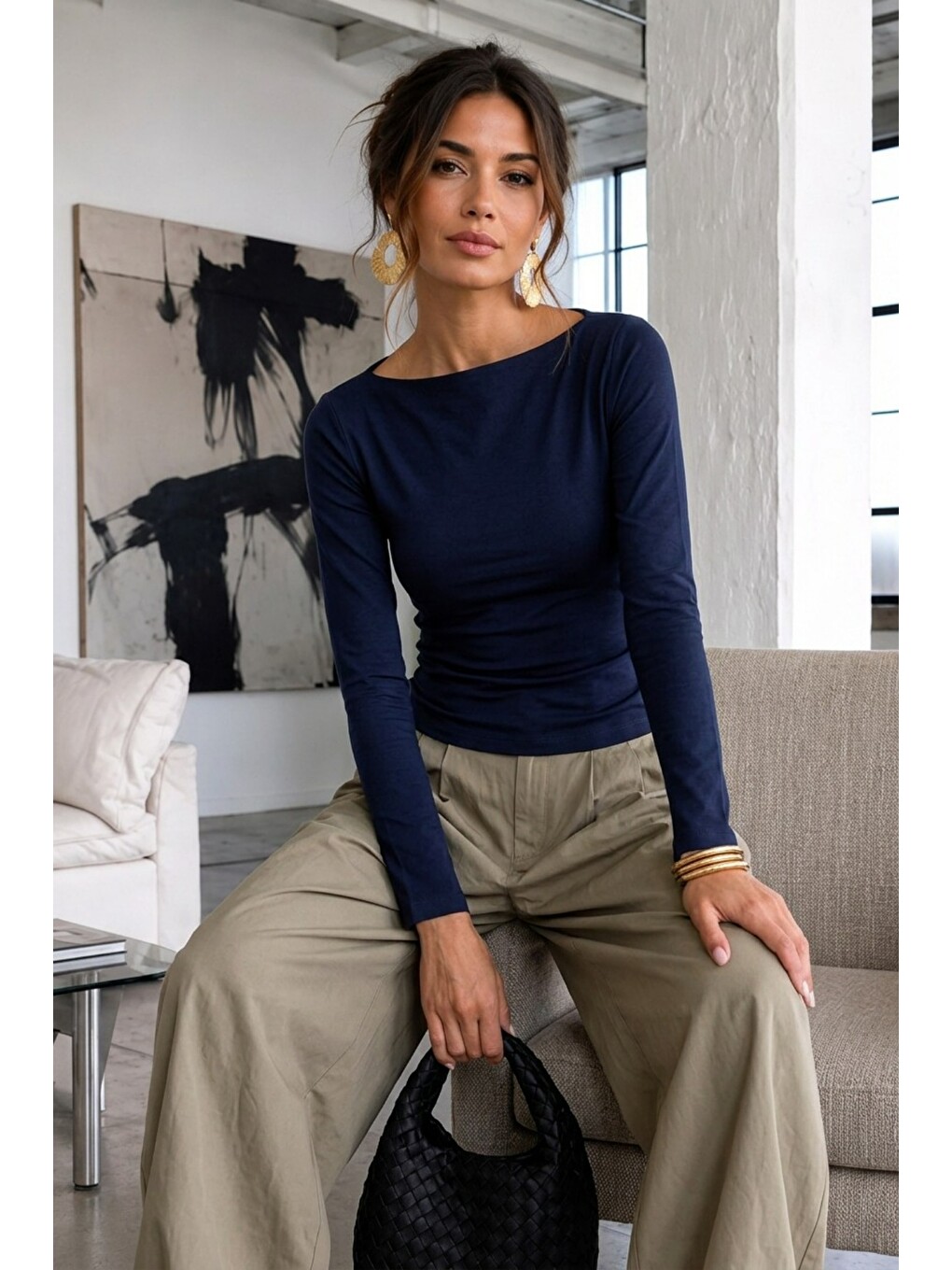Kadın Gabardin Pamuklu Casual Lacivert Bluz-2