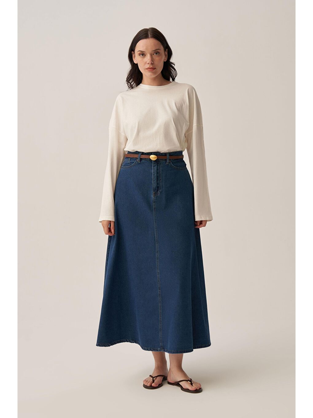 Koyu Mavi-5 Cep Kloş Denim Etek-1