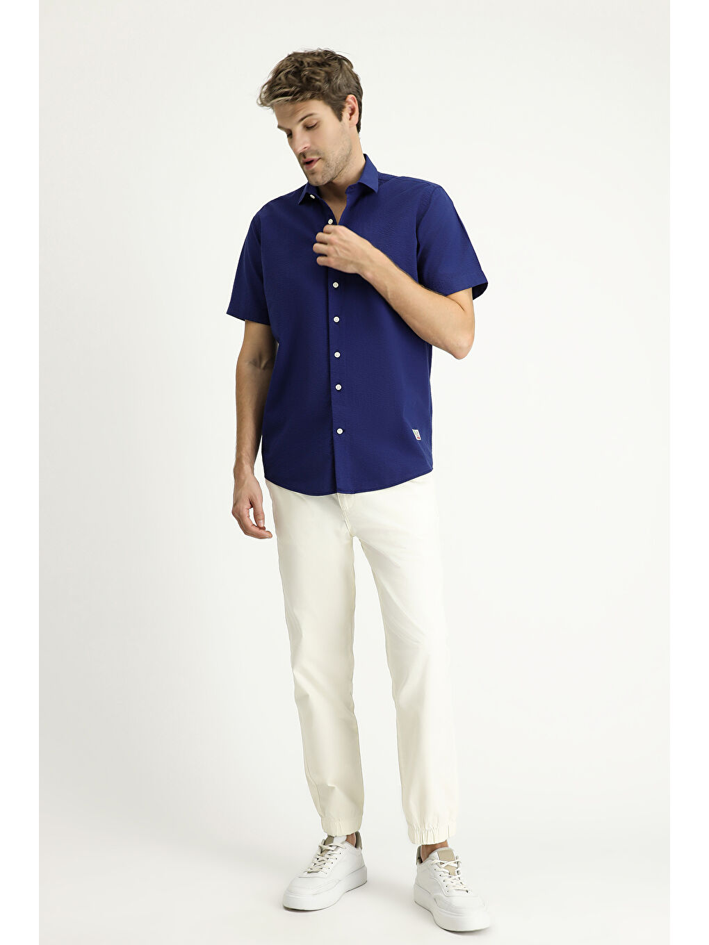 Lacivert Kısa Kol Regular Fit Desenli Gofre Pamuk Gömlek-1