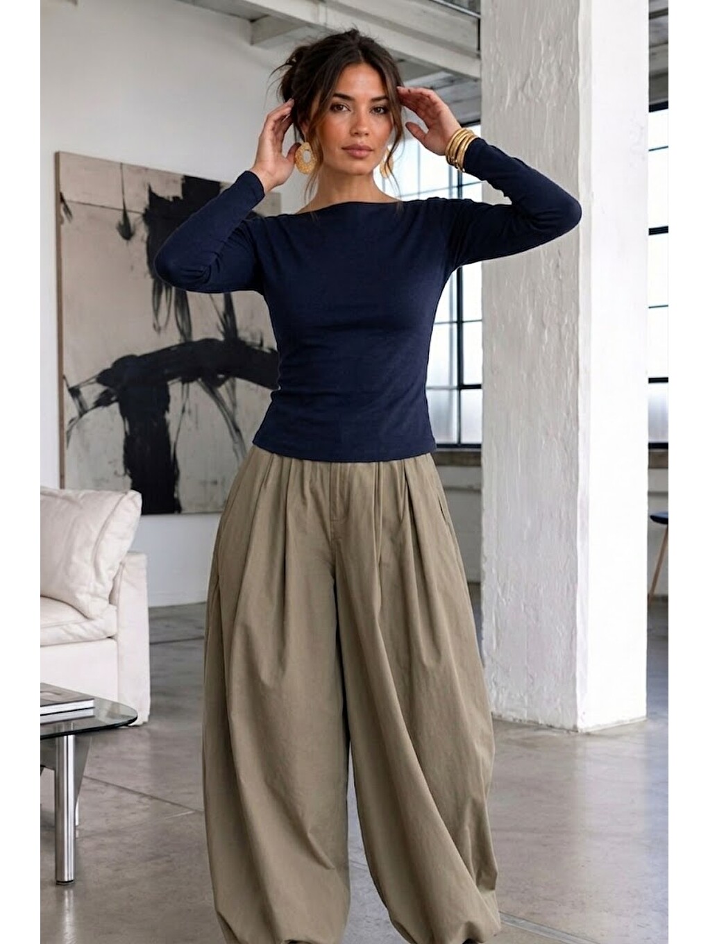 Kadın Gabardin Pamuklu Casual Lacivert Bluz-3