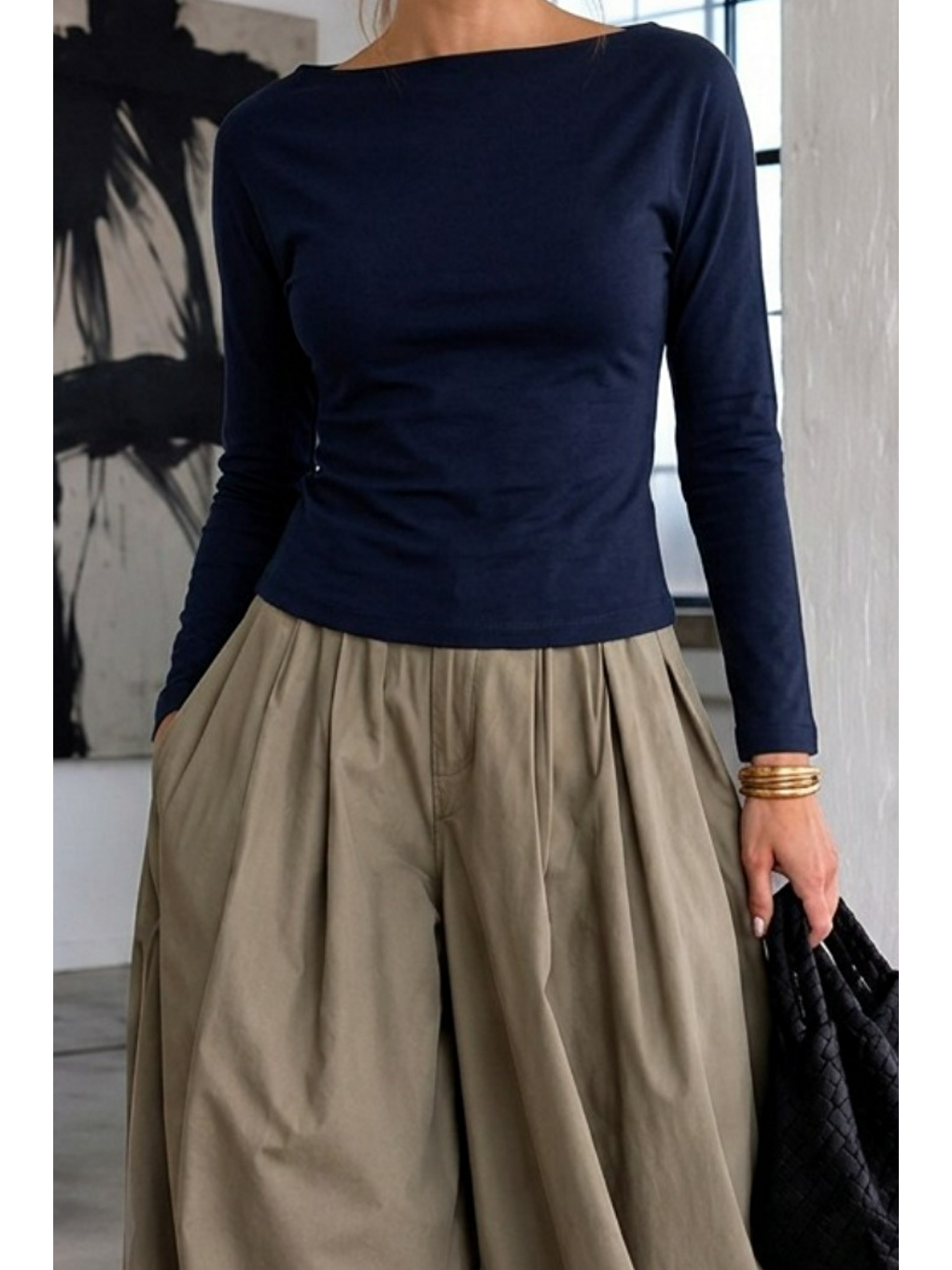 Kadın Gabardin Pamuklu Casual Lacivert Bluz-4